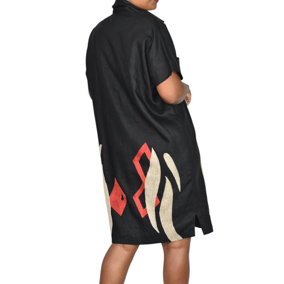 Vintage Andrea Jovine Linen Dress Black Print Abstract Embroidery Cocoon Medium - Picture 10 of 15